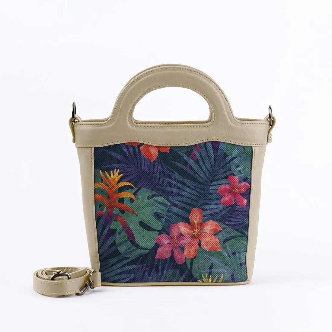 Beige Top Handle Handbag Dark Floral