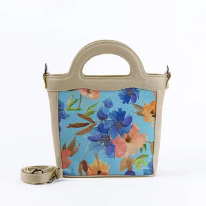 Beige Top Handle Handbag Floral in blue