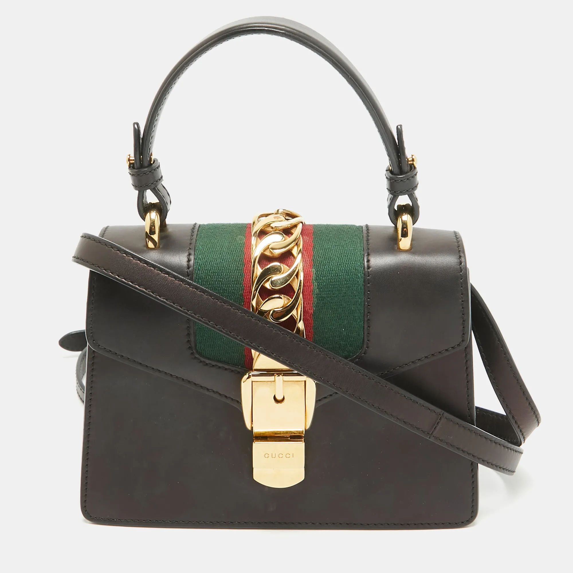 Black Leather Mini Web Sylvie Top Handle Bag