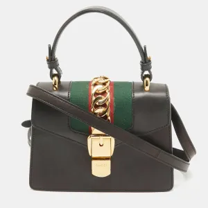 Black Leather Mini Web Sylvie Top Handle Bag