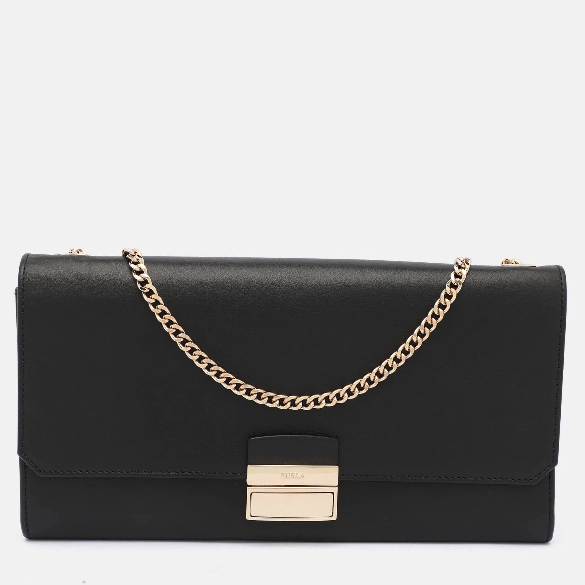 Black Leather Push Lock Flap Crossbody Bag