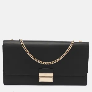 Black Leather Push Lock Flap Crossbody Bag