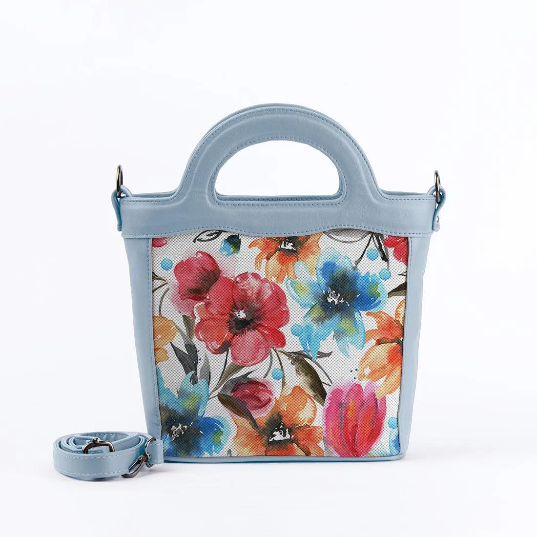 Blue Top Handle Handbag White Floral
