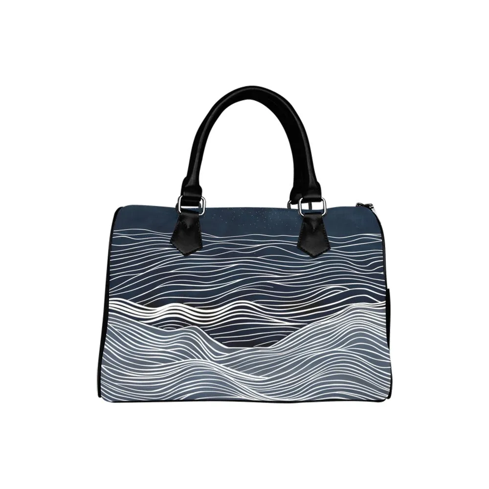 Ocean Handbag, Blue Navy Sea Waves Minimalist Print Canvas and Leather Top Handle Barrel Boston Type Designer Women Ladies Purse Bag