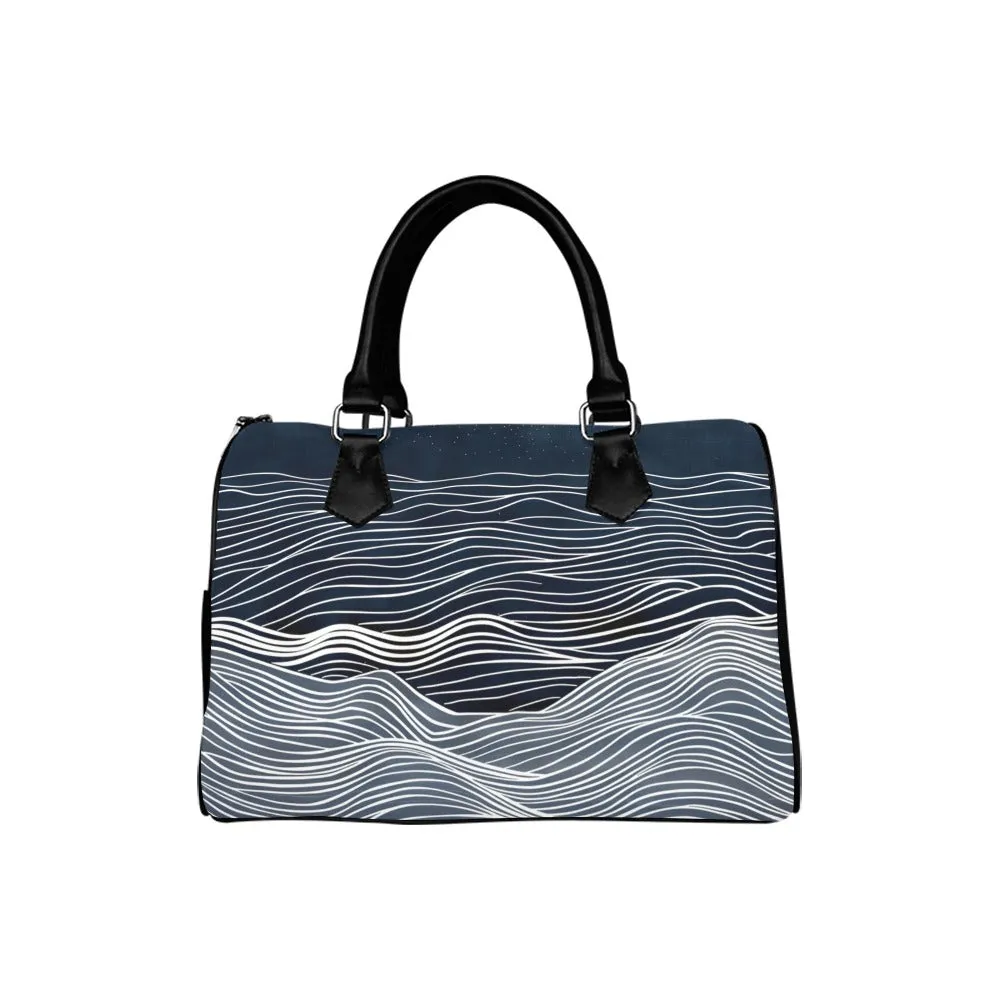 Ocean Handbag, Blue Navy Sea Waves Minimalist Print Canvas and Leather Top Handle Barrel Boston Type Designer Women Ladies Purse Bag