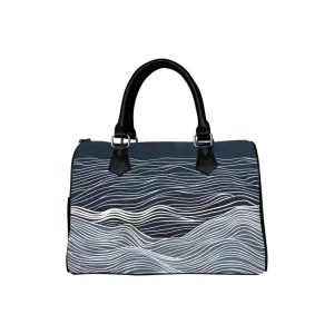 Ocean Handbag, Blue Navy Sea Waves Minimalist Print Canvas and Leather Top Handle Barrel Boston Type Designer Women Ladies Purse Bag