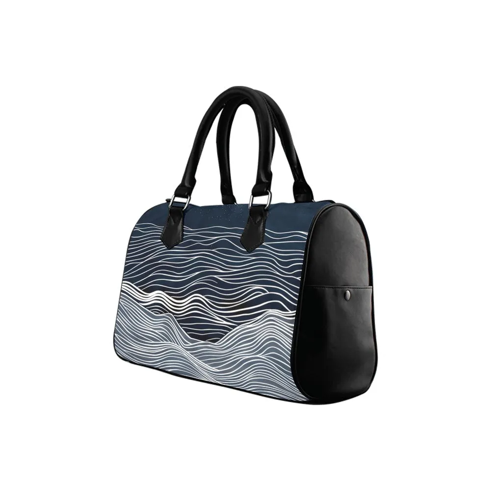 Ocean Handbag, Blue Navy Sea Waves Minimalist Print Canvas and Leather Top Handle Barrel Boston Type Designer Women Ladies Purse Bag