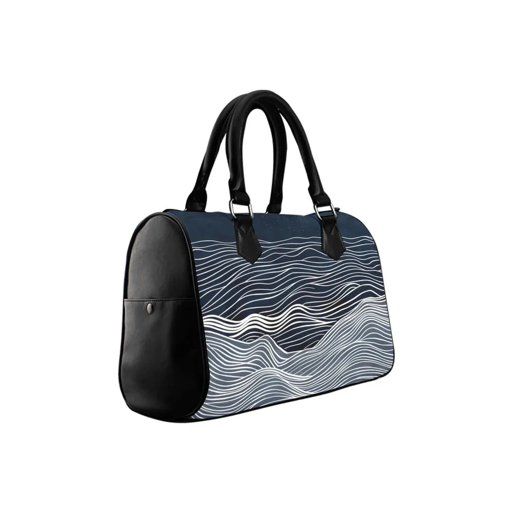 Ocean Handbag, Blue Navy Sea Waves Minimalist Print Canvas and Leather Top Handle Barrel Boston Type Designer Women Ladies Purse Bag